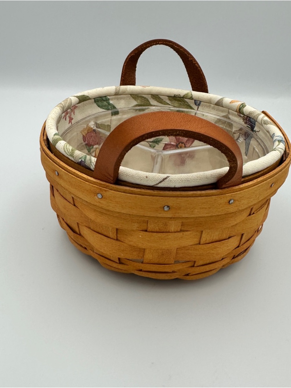 Longaberger Button Basket 7” 1999 w/ Liner Divider Floral Complete Set - Picture 2 of 14